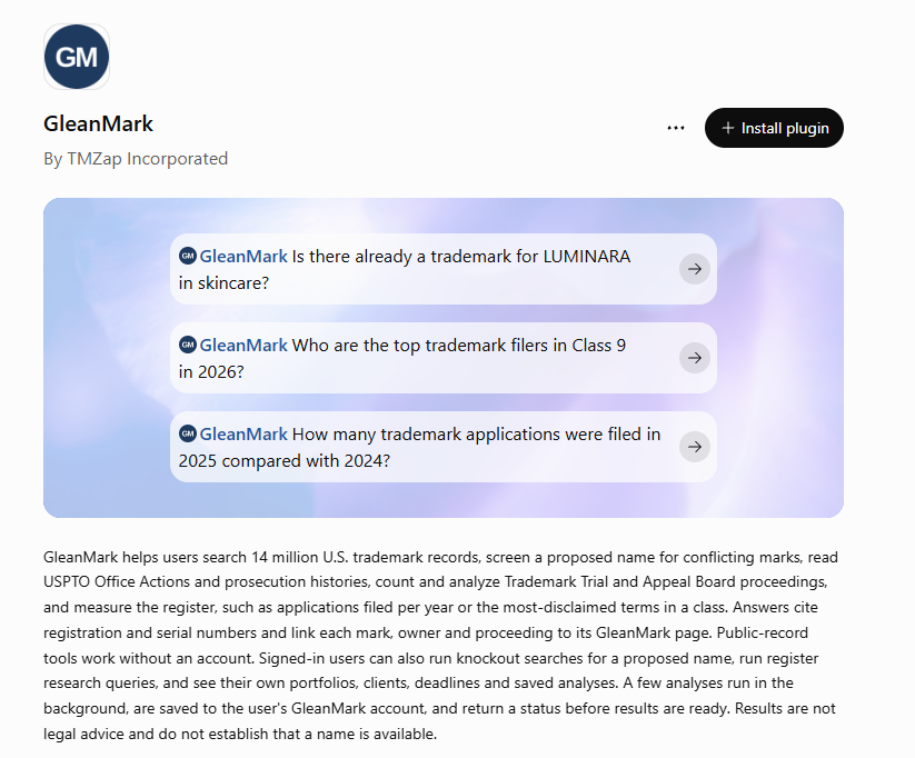 GleanMark's listing in ChatGPT's plugin directory, October 2026