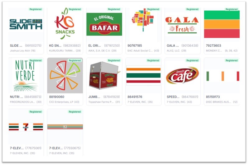 GleanMark register search — the roughly one dozen live registrations claiming orange, green, and red as stripes, bars, or lines. 7-Eleven owns four; in Class 35 every one is 7-Eleven.