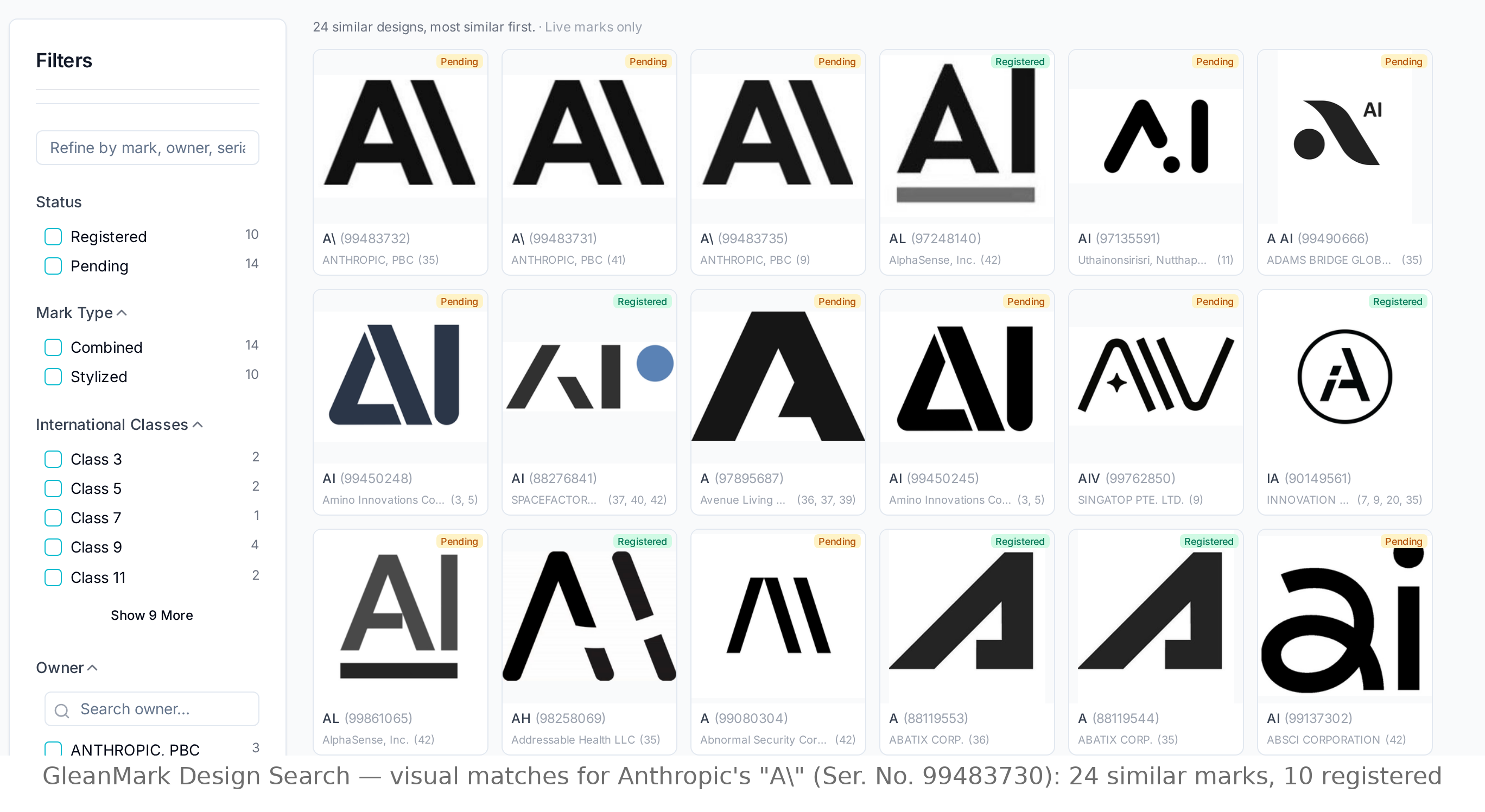 GleanMark Design Search: two dozen visually similar A and AI letterform marks surrounding Anthropic's application