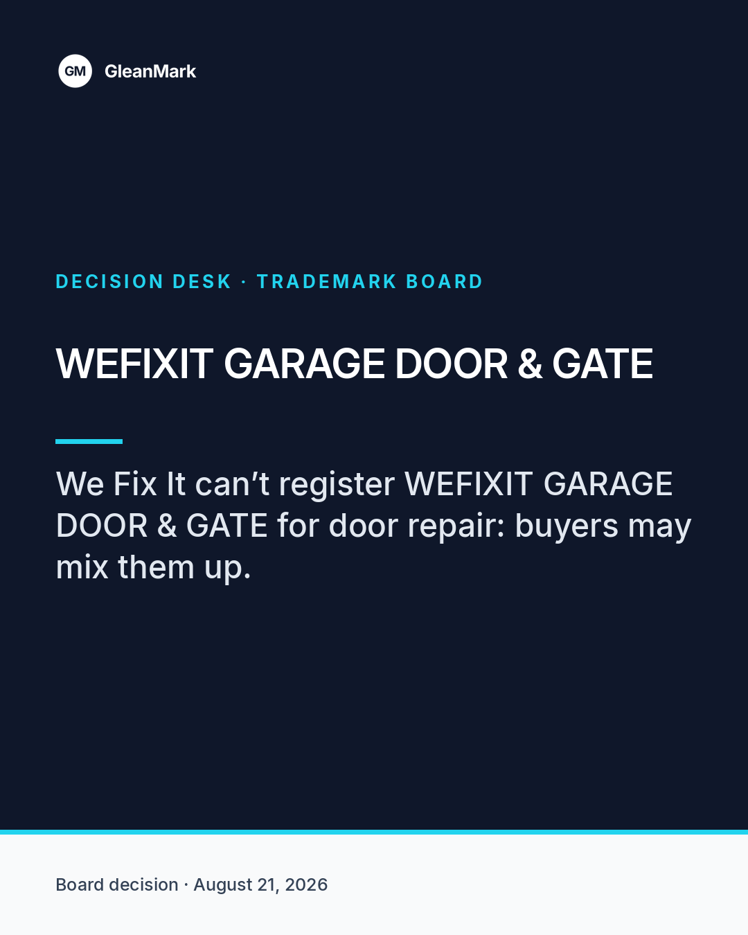 WEFIXIT GARAGE DOOR & GATE cannot register for door services after Board finds likely confusion — report graphic