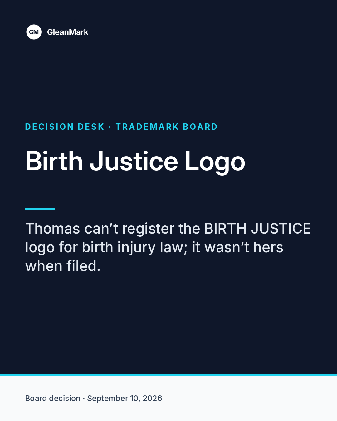 Emily Grace Thomas cannot register BIRTH JUSTICE logo because she did not own it when she applied — report graphic