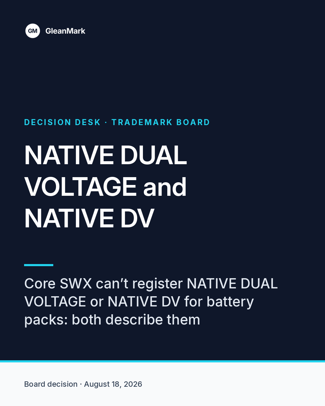 Board refuses registration of NATIVE DUAL VOLTAGE and NATIVE DV for battery packs — report graphic