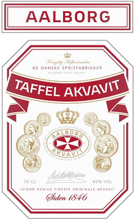 AALBORG KONGELIG HOFLEVERANDOR DE DANSKE SPRITFABRIKKER AALBORG TAFFEL AKVAVIT TAFFEL AKVAVIT KONGELIG HOFLEVERANDOR DE DANSKE SPRITFABRIKKER AALBORG KOBENHAVN AALBORG AKVAVIT 70 CL 45% VOL ISIDOR HENIUS FINESTE ORIGINALE AKVAVIT SIDEN 1846