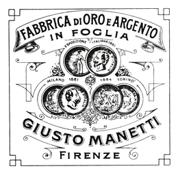 FABBRICA DI ORO E ARGENTO IN FOGLIA ESPOSIZIONE ITALIANA 1861 MILANO 1881 1884 TORINO GIUSTO MANETTI FIRENZE