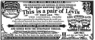 THIS IS A PAIR OF LEVI'S THEY ARE THE ORIGINAL JEANS AND HAVE A REPUTATION FOR DURABILITY KNOWN THE WORLD OVER. ONLY SELECTED MATERIALS HAVE BEEN USED IN THEIR MANUFACTURE. EVERY PAIR SATISFACTION GUARANTEED FOR OVER 140 YEARS OUR CELEBRATED AND ORIGINAL XX DENIM OVERALLS HAVE BEEN BEFORE THE PUBLIC. EXCLUSIVE XX SPECIAL TOP WEIGHT ALL COTTON DENIM AND SEWED WITH THE STRONGEST THREAD. WE SHALL THANK YOU TO CAREFULLY EXAMINE THE SEWING, FINISH & FIT CAUTION: SEE THAT THIS PAIR BEARS THE QUALITY NUMBER WHICH IS XX AND ALSO OUR TRADE MARK BY PULLING THE STAPLE THIS TICKET CAN BE REMOVED LEVI STRAUSS + CO. GRAND SILVER MEDAL AWARDED BY MECHANICS INSTITUTE SILVER MEDAL AWARDED BY CAL. STATE FAIR LEVI STRAUSS & CO. SAN FRANCISCO CAL. ORIGINAL RIVETED QUALITY CLOTHING PATENTED MAY 20 1873 TRADE MARK