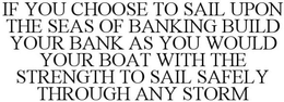 IF YOU CHOOSE TO SAIL UPON THE SEAS OF BANKING BUILD YOUR BANK AS YOU WOULD YOUR BOAT WITH THE STRENGTH TO SAIL SAFELY THROUGH ANY STORM
