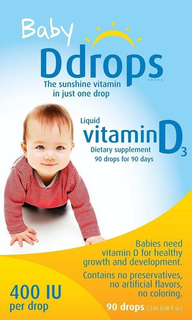 BABY DDROPS BRAND THE SUNSHINE VITAMIN IN JUST ONE DROP LIQUID VITAMIN D3 DIETARY SUPPLEMENT 90 DROPS FOR 90 DAYS BABIES NEED VITAMIN D FOR HEALTHY GROWTH AND DEVELOPMENT. CONTAINS NO PRESERVATIVES, NO ARTIFICIAL FLAVORS, NO COLORING. 400 IU PER DROP 90 DROPS 2.5 ML (0.08 FL. OZ.)