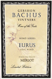GERSHON BACHUS VINTNERS WINE OF THE GODS WIND SERIES EURUS EAST WIND TEMECULA VALLEY MERLOT LIMITED EDITION: