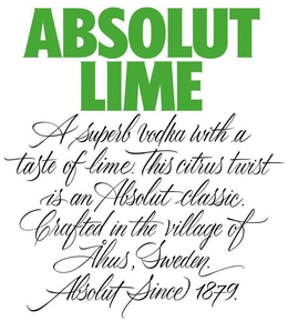 ABSOLUT LIME A SUPERB VODKA WITH A TASTE OF LIME. THIS CITRUS TWIST IS AN ABSOLUT CLASSIC. CRAFTED IN THE VILLAGE OF ÅHUS, SWEDEN. ABSOLUT SINCE 1879.