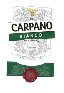 CARPANO BIANCO THE 1ST VERMOUTH ANTICA RICETTA G.B.CARPANO TORINO ORIGINALE 1786 FONDATA IN TORINO PRODOTTO D'ITALIA FRATELLI BRANCA DISTILLERIE MILANO 1786 CARPANO