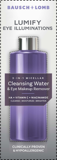 BAUSCH + LOMB LUMIFY EYE ILLUMINATIONS 3-IN-1 MICELLAR CLEANSING WATER & EYE MAKEUP REMOVER HA + VITAMIN C + NIACINAMIDE CLEANSE MOISTURIZE BRIGHTEN CLINICALLY PROVEN & HYPOALLERGENIC