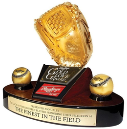 RAWLINGS R GOLD GLOVE AWARD RAWLINGS R RAWLINGS R GOLD GLOVE AWARD RAWLINGS R EST. 1887 RAWLINGS R RAWLINGS R PRESENTED ANNUALLY TO EACH OF THE EIGHTEEN PLAYERS HONORING THEIR SELECTION AS THE FINEST IN THE FIELD