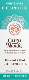 WHITENING PULLING OIL • GLOBALLY FARMED ETHICALLY SOURCED • GURU NANDA DAILY AYURVEDIC REGIMEN SWISH FOR ORAL HEALTH* COCONUT + MINT PULLING OIL NATURAL & ALCOHOL-FREE NATURAL TEETH WHITENING*