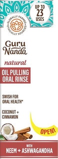 ·GLOBALLY FARMED · ETHICALLY SOURCED UP TO 23 USES GURU NANDA NATURAL OIL PULLING ORAL RINSE SWISH FOR ORAL HEALTH* COCONUT + CINNAMON OPEN! WITH NEEM + ASHWAGANDHA