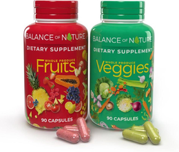 BALANCE OF NATURE REAL FOOD REAL SCIENCE REAL NUTRITION WHOLE PRODUCE FRUITS DIETARY SUPPLEMENT 90 CAPSULES BALANCE OF NATURE REAL FOOD REAL SCIENCE REAL NUTRITION WHOLE PRODUCE VEGGIES DIETARY SUPPLEMENT 90 CAPSULES