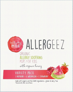 ALLERGEEZ DON'T WORRY I'M FLAT ORGANIC ALLERGY SOOTHING POPS FOR KIDS WITH ORGANIC HONEY VARIETY PACK 3 RASPBERRY 4 WATERMELON 3 STRAWBERRY MADE WITH ORGANIC AND NON-GMO INGREDIENTS · GLUTEN & DAIRY FREE * FLAVORED WITH OTHER NATURAL FLAVORS