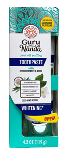BRIDGE THE GAP EAST MEETS WEST GURU NANDA BEST USED AFTER GURUNANDA POST OIL PULLING OIL PULLING TOOTHPASTE WITH HYDROXYAPATITE & NEEM FLUORIDE-FREE FRESHENS BREATH FIGHTS PLAQUE FOR SENSITIVE TEETH COCO-MINT JASMINE WHITENING OPEN! 4.2 OZ (119 G)