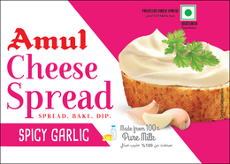 AMUL CHEESE SPREAD SPREAD. BAKE. DIP. SPICY GARLIC PROCESSED CHEESE SPREAD VEGETARIAN MADE FROM 100% PURE MILK %100 SERVING SUGGESTION