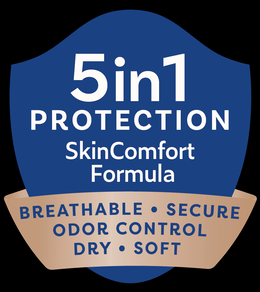 5 IN 1 PROTECTION SKINCOMFORT FORMULA BREATHABLE · SECURE ODOR CONTROL DRY · SOFT